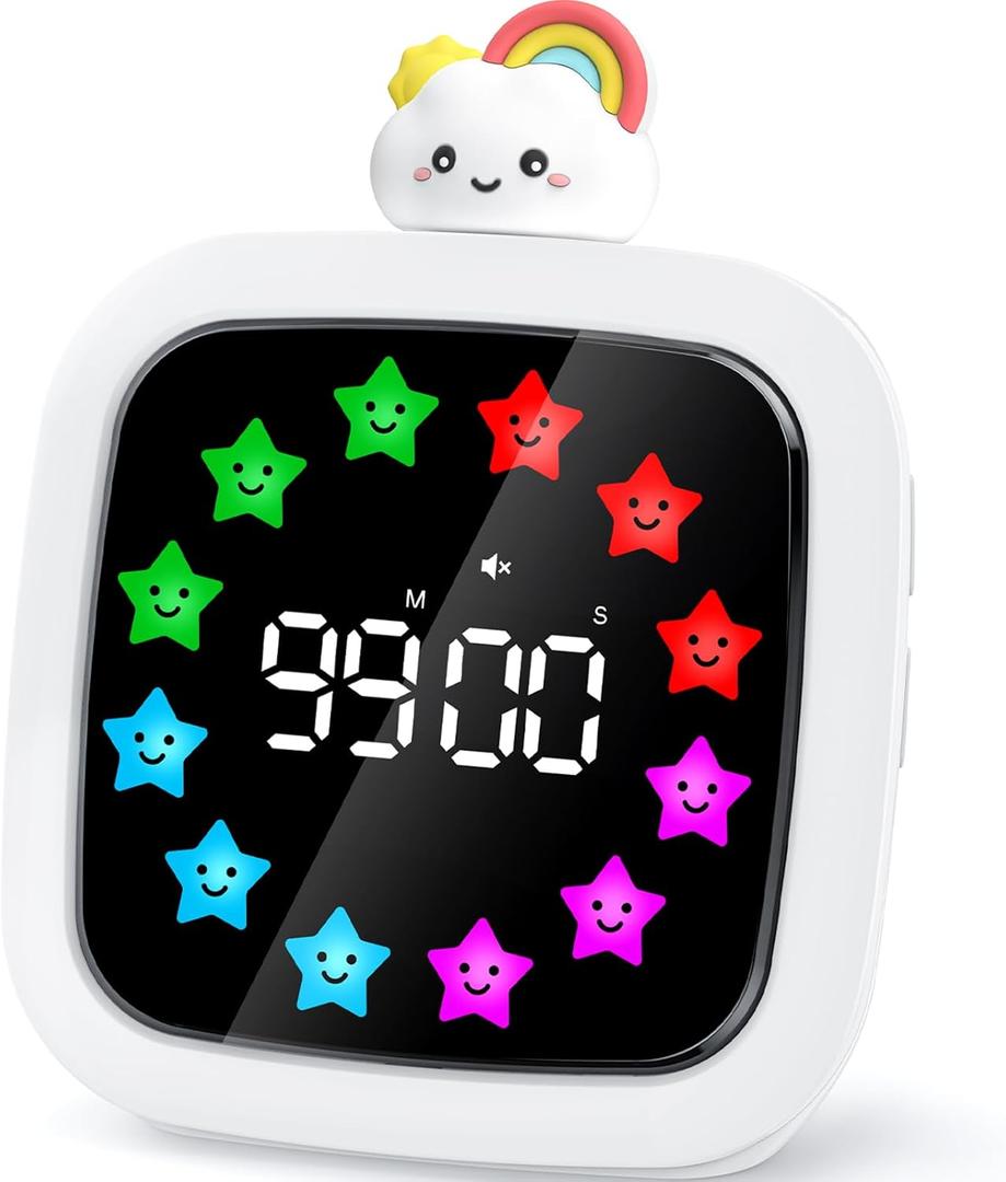 Yunbaoit Digital Visual Timer for Kids, Rechargeable 99-Minute Silent Countdown Timer with 19 Ringtones, 9 Optional DIY Color Star Display, Time Management Tool with Pause Function (Rainbow)