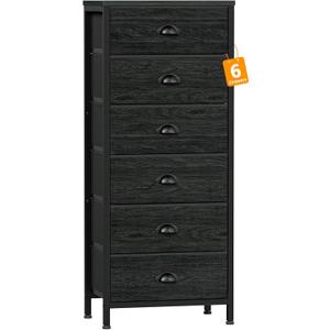 Furnulem Tall Dresser with 6 Drawers,Vertical Bedside End Table & Chest for Bedroom,Black Storage Tower Dorm Nightstand with Fabric Drawer Organizer Unit Furniture in Living Room,Closet,Hallyway