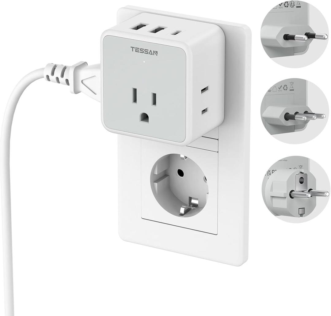 TESSAN All European Italy Travel Plug Adapter Kit, International Detachable with 3 Outlet 3 USB Charger (1 USB C), Type C/E/F/L EU Power Adaptor, US to France Germany Spain Greece Iceland (grey&white)