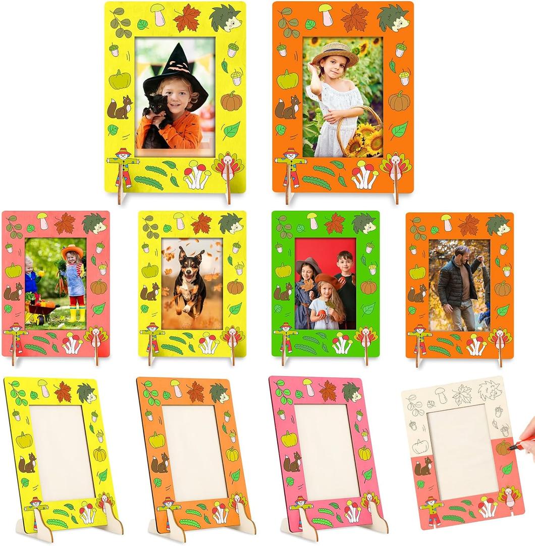 Geelin 12 Packs Thanksgiving DIY Picture Frame Craft Kits Wooden Color Your Own Photo Frames 4 x 6 Inch Unfinished Fall Autumn Making Decorations Gift for Tabletop Fun Activities Classroom Supplies