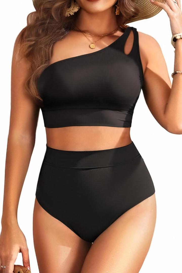 Two Piece High Waisted Swimsuits for Women - One Shoulder Bikini Tummy Control Bathing Suit 2025 Full Coverage Swimwear (Large, Black)