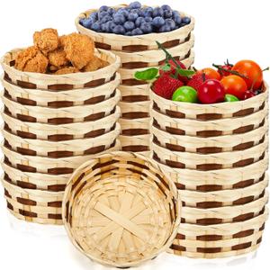 Sintuff 24 Pack Woven Basket Round Bamboo Gift Baskets, Wicker Berry Bread Fruit Basket Food Storage Serving Baskets for Picnic Kitchen, Restaurant, Centerpiece Display, Party, Wedding (Small)