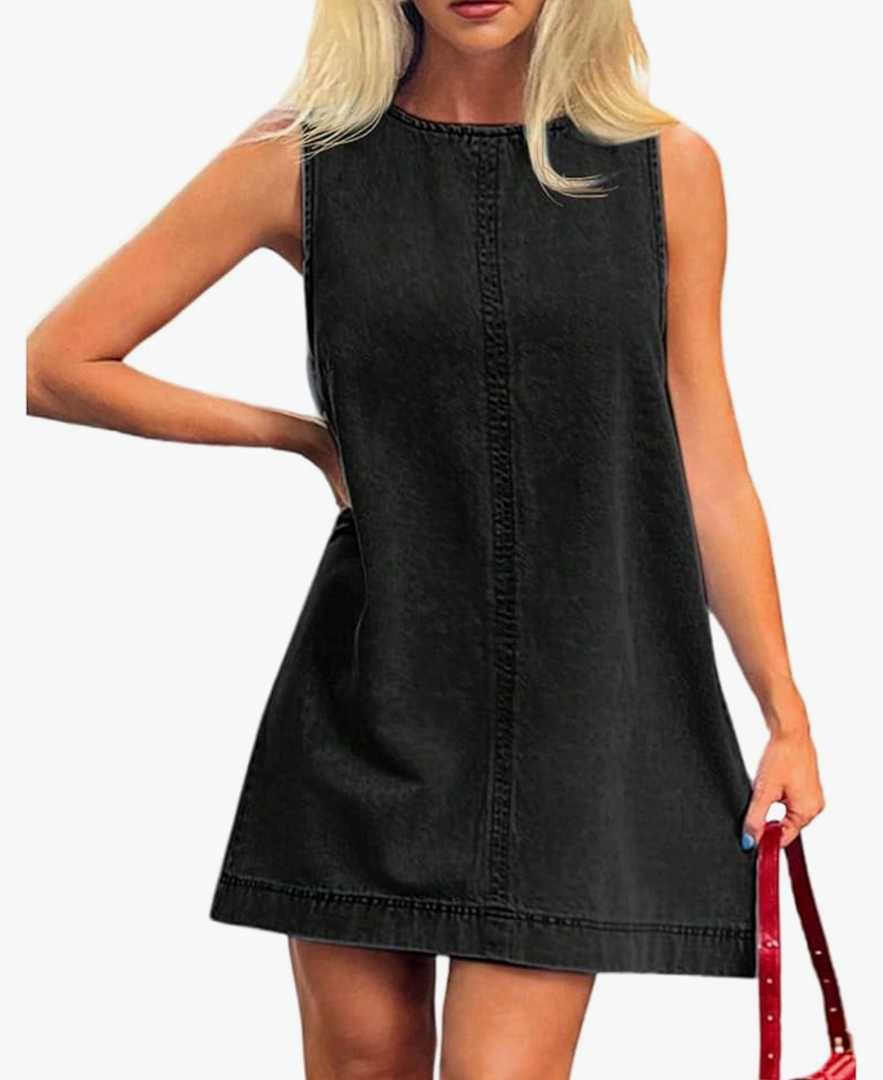 Milumia Women's A-Line Sleeveless Crew Neck Denim Dress Loose Casual Mini Jean Dresses, Black, L
