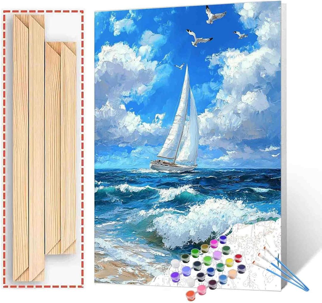 Sailboat at Sea Coastal Paint by Number for Adults, Beginner and Kids , DIY Blue Sky Landscape Painting Acrylic Paint by Number Kits for Kids Adults Beginner for Home Wall Decor(DIY Frame)16x20 inch