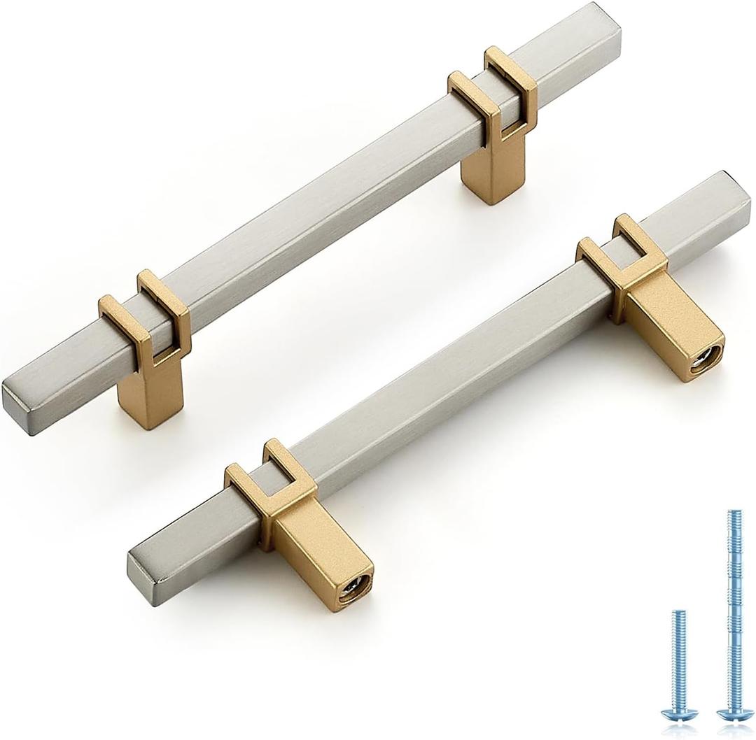HOME EDIT 3-1/2 inch Cabinet Handles, 5 Pack Kitchen Cabinet Handles Brushed Nickel and Gold Drawer Pulls Zinc Alloy Square Bar Kitchen Pulls