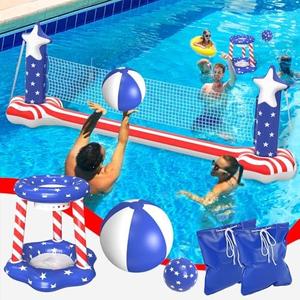Gardentime Inflatable Volleyball Net and Basketball Hoops Pool Floating Toys Swimming Water Games for Adults and Kids 8-12 Teens Volleyball Court (122”x25”x40”) American Flag Summer Floaties