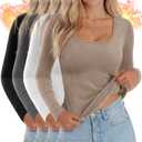 Huukeay 4 Pack Women's Thermal Long Sleeve Shirt Square Neck Fleece Slim Warm Winter Tops Casual Fashion Base Layer (XX-Large, Black, Khaki, White, Marble Gray)