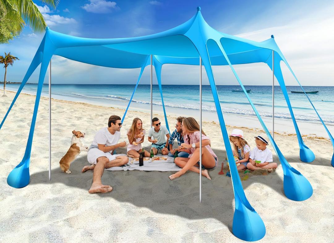 Rhino Valley Beach Tent Sun Shelter, Beach Canopy Tent Sun Shade UPF50+ Protection with 8 Sandbags 4 Stability Poles, Outdoor Beach Shade Canopy for Beach, Camping, Fishing