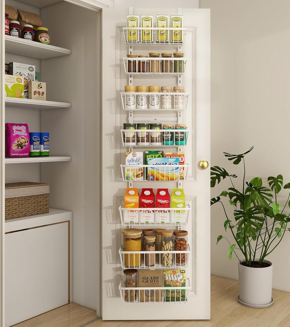 White 12 Inch Wide Narrow Over The Door Pantry Organizer, Pantry Organization and Storage, 8-Tier Metal Hanging Deep Basket Wall Spice Rack Seasoning Shelves, Home & Kitchen Essentials