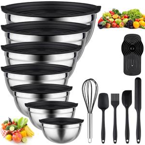 Leidawn Mixing Bowls with Lids set - 25 PCS Stainless Steel Nesting Black Mixing Bowls Set for Baking, Mixing, Serving & Prepping, Size 5, 3.7, 2.8, 2.3, 1.7, 1.1, 0.7QT, 11 Cooking Utensils
