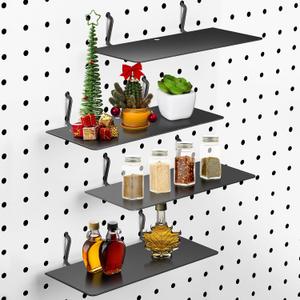 Funrous 4 Pack Pegboard Shelves Wall Organizer Peg Board Shelf Brackets Steel Tray Pegboard Accessories Organizing Tools for Craft Room Home Garage Nursery Workbench Kitchen (Black, 7 x 3 Inch)