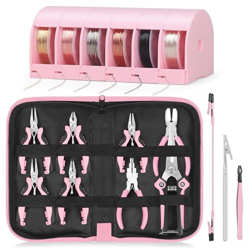 Toolour Jewelry Pliers Set Jeweler Making Tools with 6 Rolls Beading Wire Kit for Jewelry Supplies DIY Hobby Repair Crimping Wrapping, Pink Professional Craft Pliers for Adults Beginner