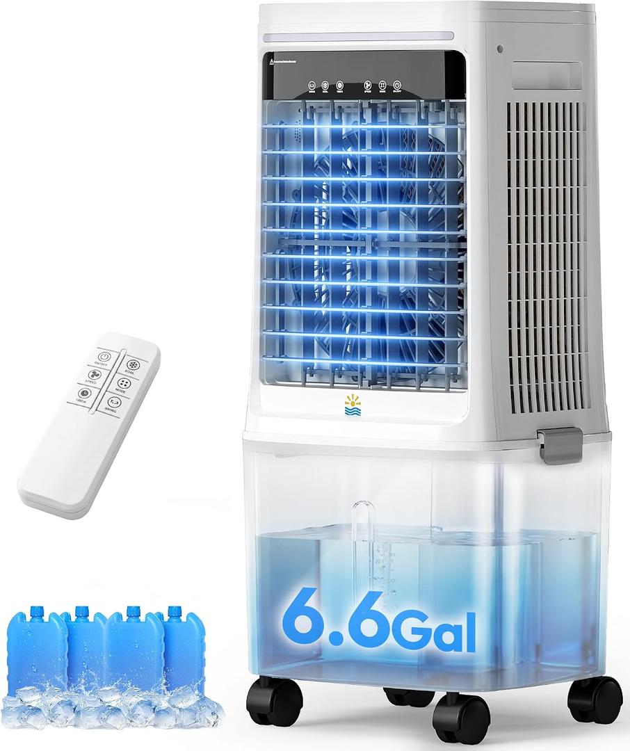 3-in-1 Portable Evaporative Air Cooler - 2000 CFM Swamp Cooler with 6.6-Gal Dual Tank & 4 Ice Packs, Remote Control, 12H Timer, Oscillating Cooling Fan That Blows Cold Air for Large Room, Office