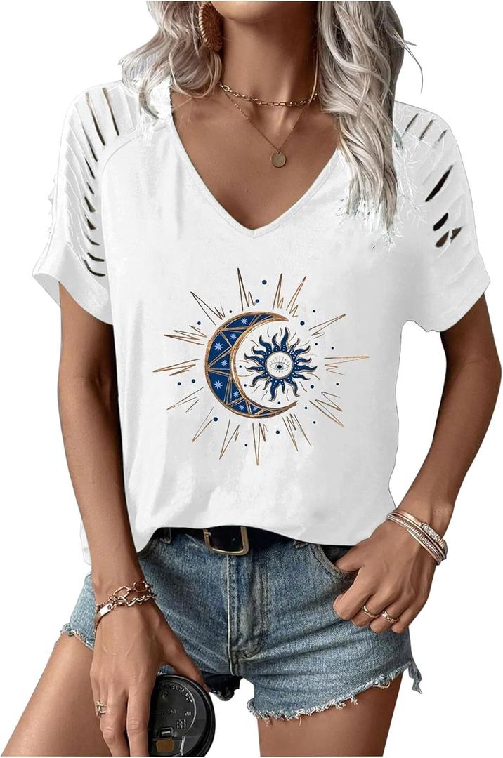 Women's Cut Out V Neck T-Shirts Boho Floral Graphic Tee Summer Cold Shoulder Short Sleeved Tops (Medium)