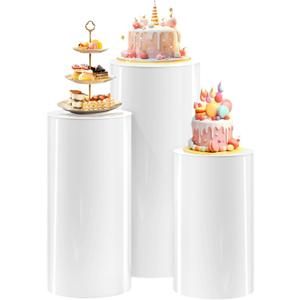 SaitiMade Set of 3 - White Round Cylinder Stands, High Strength PVC Pedestal Stands for Party, Wedding, Birthday, Baby shower Decoration - 23.6''(L), 29.5''(XL), 35.4''(XXL)