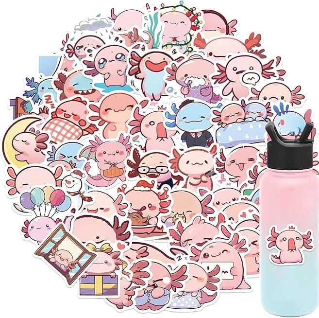 50Pcs Salamander Stickers, Axolotl Sticker,Kids Teens Adults Cute Cartoon Pink Animals Decals Kawaii Axolotls Sticker for Decor Water Bottles Laptops Guitar Scrapbook (Axolotl)