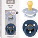 Bibs Pacifiers Color Collection, Set of 2 BPA-Free Latex Pacifiers Made in Europe, Round Nipple Baby Pacifier, 0+ Month, Pack of 2, Dusty Blue/Steel Blue
