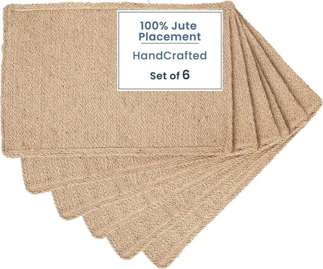 Natural Jute Placemats Set of 6, Heat Resistant Burlap Woven Place mats, Reversible Handcrafted Boho Table Decor, Rustic Farmhouse Indoor/Outdoor Table Mats for Kitchen Decor  18x12