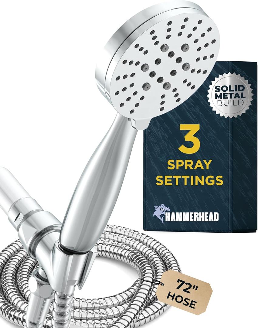 HammerHead Showers Solid Metal 3-Spray Handheld Shower Head with Long Hose and Holder - CHROME - 2.5 GPM High Pressure Shower Head with Handheld Sprayer - WIDE, MASSAGE, and MIST Sprays