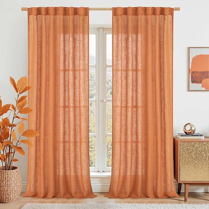 LAMIT 95 Inches Long Linen Curtains for Living Room, Back Tab and Rod Pocket Semi Sheer Curtains Light Filtering Farmhouse Drapes for Bedroom/Dining Room, Burnt Orange, Set of 2, 52 x 95 Inch