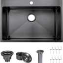28 Inch Black Drop In Kitchen Sink, 28x18 Inch Gunmetal Black Top Mount Stainless Steel Handmade 9 Inch Deep Single Bowl Basin with Drain Strainer