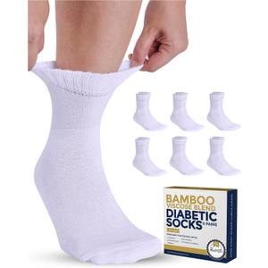 Pembrook Bamboo Viscose Diabetic Socks - 6 Pairs Ankle Socks for Women & Men, Swollen Feet & Neuropathy | Non-Binding (Large, White - 6 Pairs)