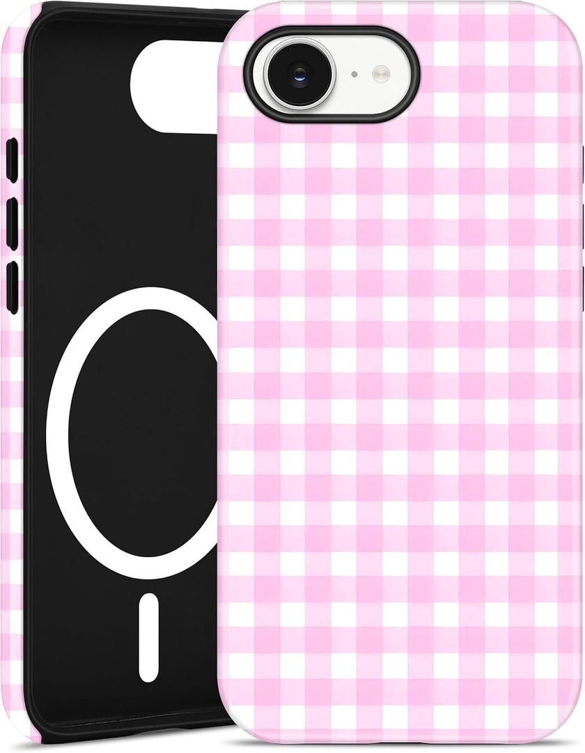 Jusy Compatible with MagSafe Checkered Case for iPhone 16e/17e, Cute Aesthetic Plaid Magnetic Phone Case, Soft TPU and Hard PC Protective Phone Cover for Women GirlsMatte - Pink Plaid