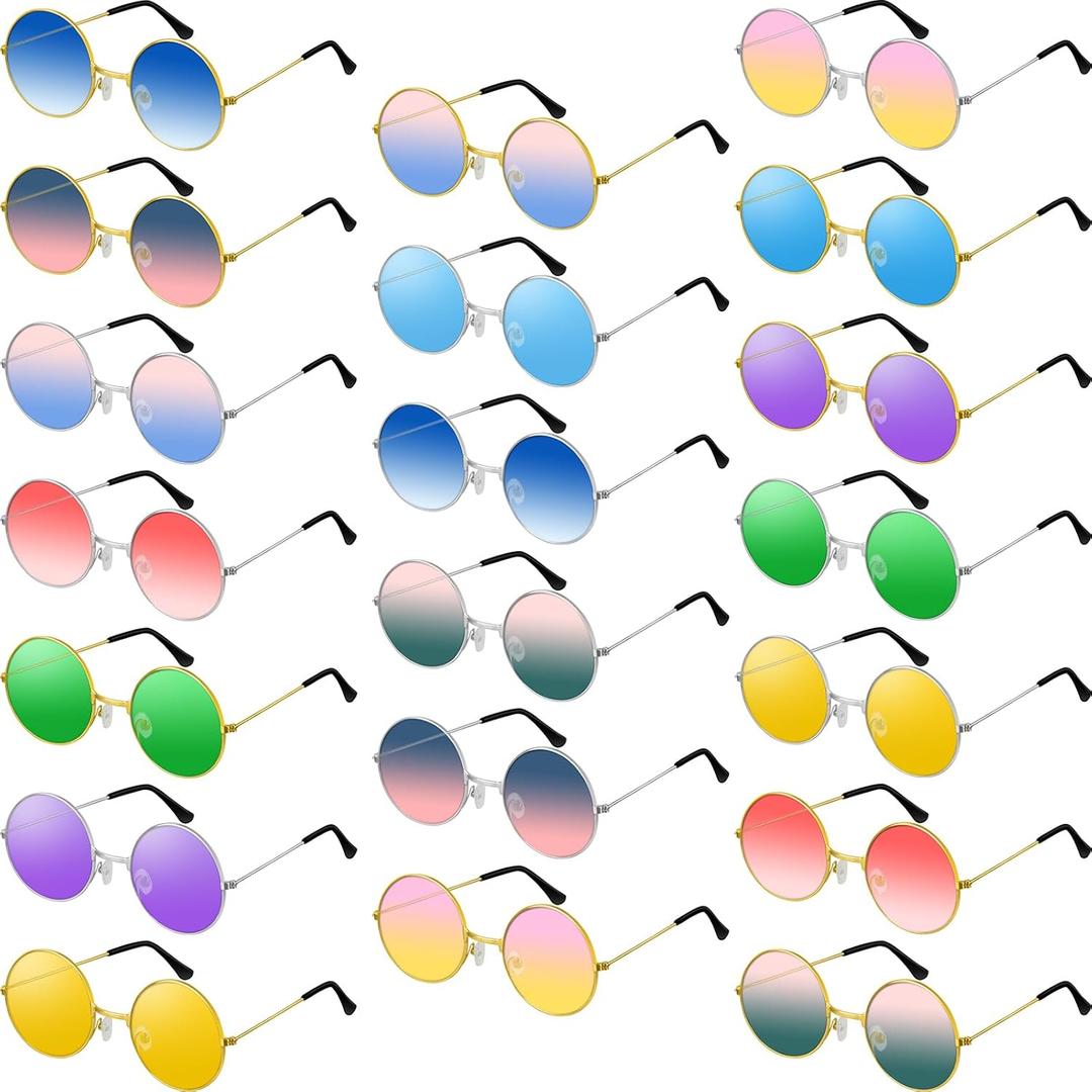 BOUBONI 20 Pairs Hippie Sunglasses 20 Colors Round Hippie Glasses 60s 70s Outfits Groovy Party Decorations Sunglasses for Women Men with Colored Glasses Cloth for Disco Party Favors
