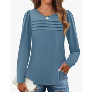 ZESICA Women's Fashion Long Sleeve Shirts 2025 Dressy Casual Blouses Trendy Pleated Tunic Tops, Size Large, Turqoise 