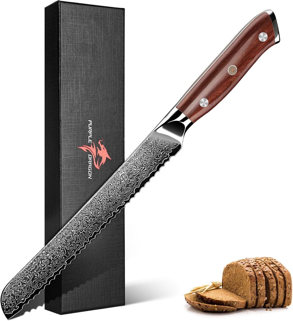 Purple Dragon Damascus Bread Knife 8 Inch, VG10 Steel Serrated Knife for Homemade Sourdough Bread, Cake and Fruit, Razor-Sharp Chef's Knives Christmas Gift for Men and Women