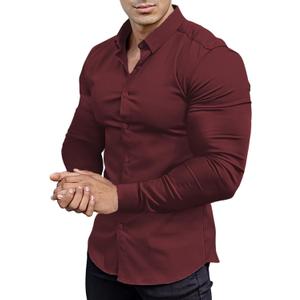EOUOSS Men’s Muscle Fit Dress Shirts Athletic Slim Fit Long Sleeve Stretch Wrinkle-Free Casual Button Down Shirt Jam Red Large
