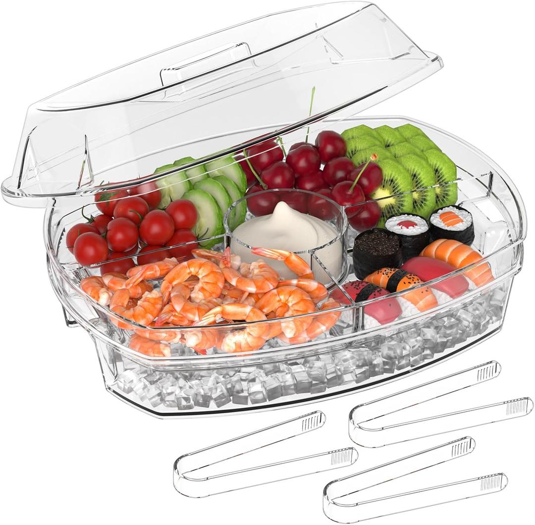Ice Chilled Party Platter - 15'' Divided Serving Tray with Lid and 4 Compartments, Clear Fruit Trays for Serving for Party, Ideal Cold Chilled Serving Trays for Parties, Shrimp Cocktail, Etc