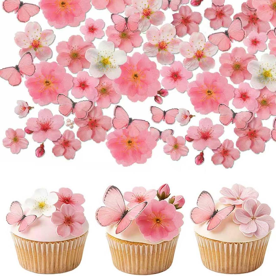 85 Pcs Edible Cake Decorations, Pink Flowers Cupcake Toppers, Wafer Paper Cherry Blossom & Butterfly Cake Toppers for Baby Shower Wedding Birthday Party Supplies