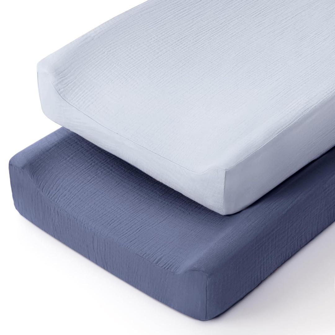 lulumoon Muslin Changing Pad Cover: Baby Diaper Changing Table Pad Cover - Changing Pad Sheets for Girls Boys (S-Navy & Mist Blue)