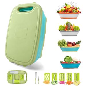 Gintan Camping Cutting Board, 9-in-1 Collapsible Chopping Board with Colander, Kitchen Vegetable Washing Basket for Camping, Camping Gifts Camping Accessories for RV CampersBlue Green)