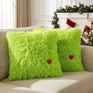 VitalCozy 2 Pcs Christmas Lime Green Throw Pillow Cover 20x20 Inch Decorative Xmas Faux Fur Pillowcases with Zipper Closure Plush Soft Lime Green Fuzzy Decor for Christmas Couch Sofa(Heart Pattern)