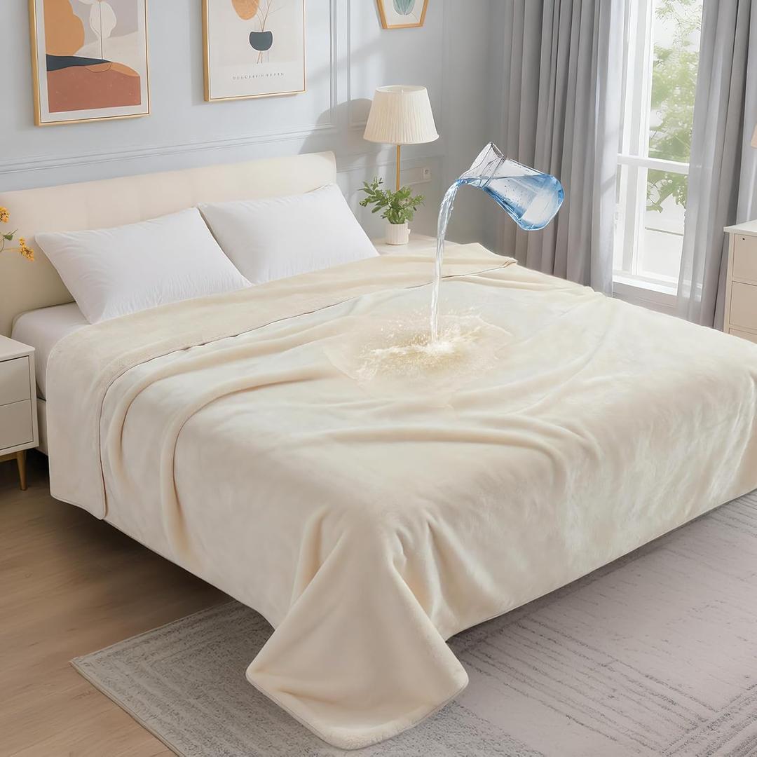 LOOBANI Waterproof Blanket for Bed: Reversible Soft Flannel Queen Bed Blanket 80" x 90", Waterproof Dog Blankets for Large Dogs, Spill-Proof Cover for Furniture Protection, Movie Time, Beige