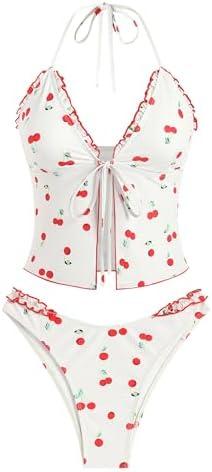 ZAFUL Tankini Swimsuits for Women Smocked Ruffles Tie Front Bowknot Textured High Cut Tanga Tankini Set, Large