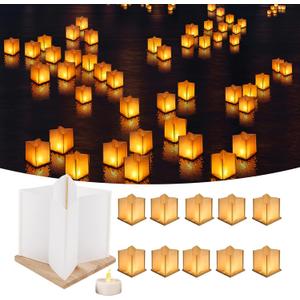 10 Pack 6 Paper Floating Candle Lantern, Wooden Water Lanterns with Candles, Outdoor Patio Decor for Pool Parties, Wedding, Memorials, Garden (10Lanterns with LED Candles)