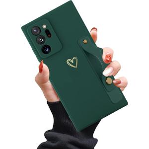 Compatible with Samsung Galaxy Note 20 Ultra Case for Women Girls, Cute Gold Love Heart Pattern with Wrist Hand Holder Stand Soft Silicone Kickstand Protection Cover (Dark Green)