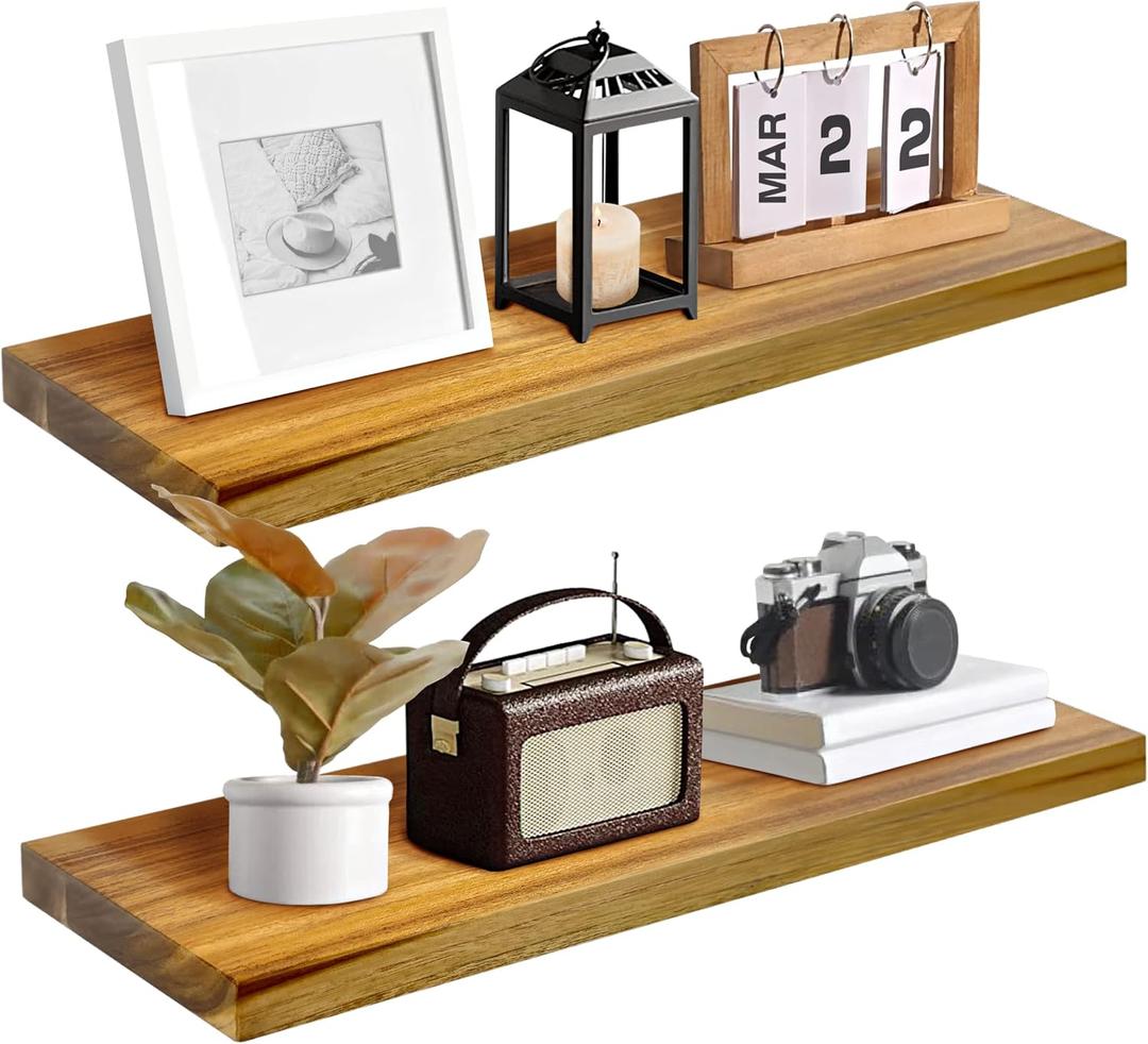 Teak Wood Floating Shelves Perfect for Bathroom Décor Pack of 2 Wooden Wall Shelves for Bedroom Living Room Kitchen Simple Minimalist Home Décor 24 x 6.7