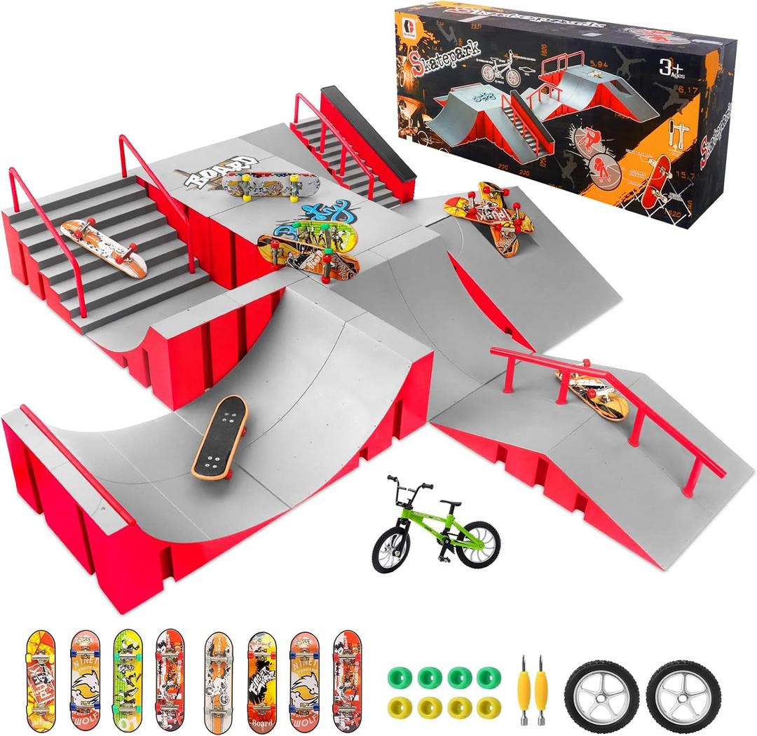 CS COSDDI Finger Skateboard Park Kits,14 in 1 Skateboard Finger Toys with 8 Finger Skateboards & 14 Skatepark Deck Ramp,Finger Bike for Boys or Girls Gift,Mini Finger Skateboards Ramp Accessories Set, 20 cm