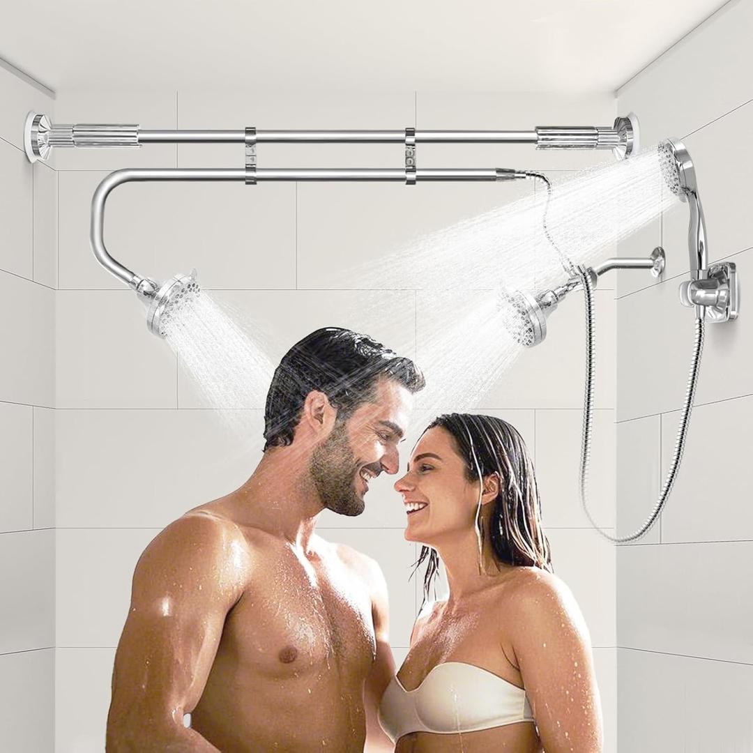 OURBAOFU Tandem Shower, Dual Shower Heads for Couples & Handheld head, Triple Shower Head System for Two People, High Pressure and Adjustable Double Shower Heads and Handheld Shower Head（Silver)