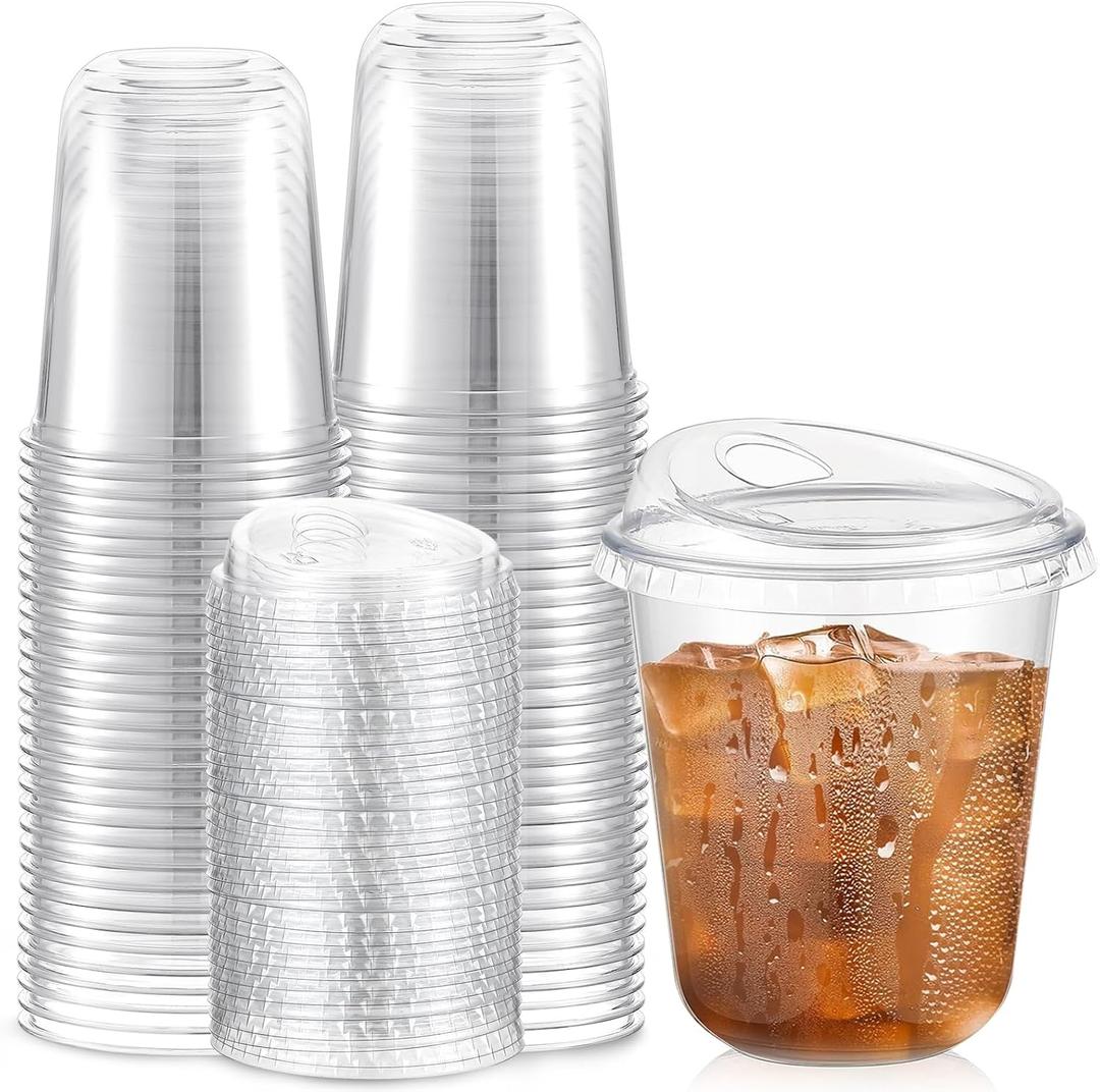 Baderke 50 Pcs Plastic Cups with Sip Lids Round Bottom Disposable Plastic Coffee Cups with Lids Clear Strawless Crystal Mugs for Iced Coffee Smoothie Cold Beverage Party Catering Supplies (14 oz)