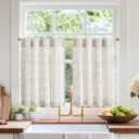 jinchan Boho Kitchen Curtains Linen Cafe Tier Curtains 54 Inch Bohemian Geometric Gray Striped Mudcloth Small Window Drapes for Living Room Bathroom Light Filtering Back Tab 2 Panels Grey on Flax