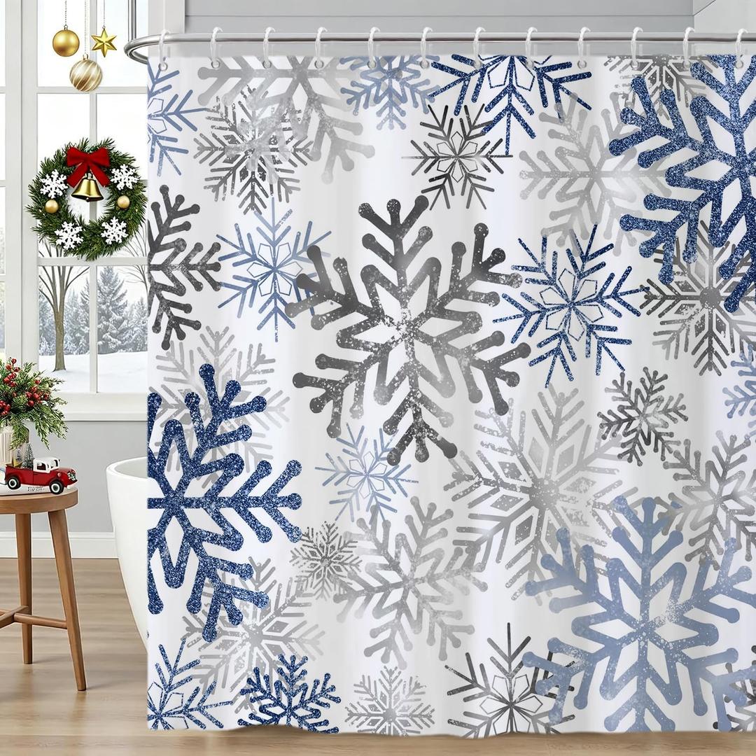 deFouliao Christmas Shower Curtain Blue and Grey Snowflakes Winter Glitter Bathroom Shower Curtain Sets for Winter Holiday New Year Waterproof Fabric with Hooks, 72x72 Inch