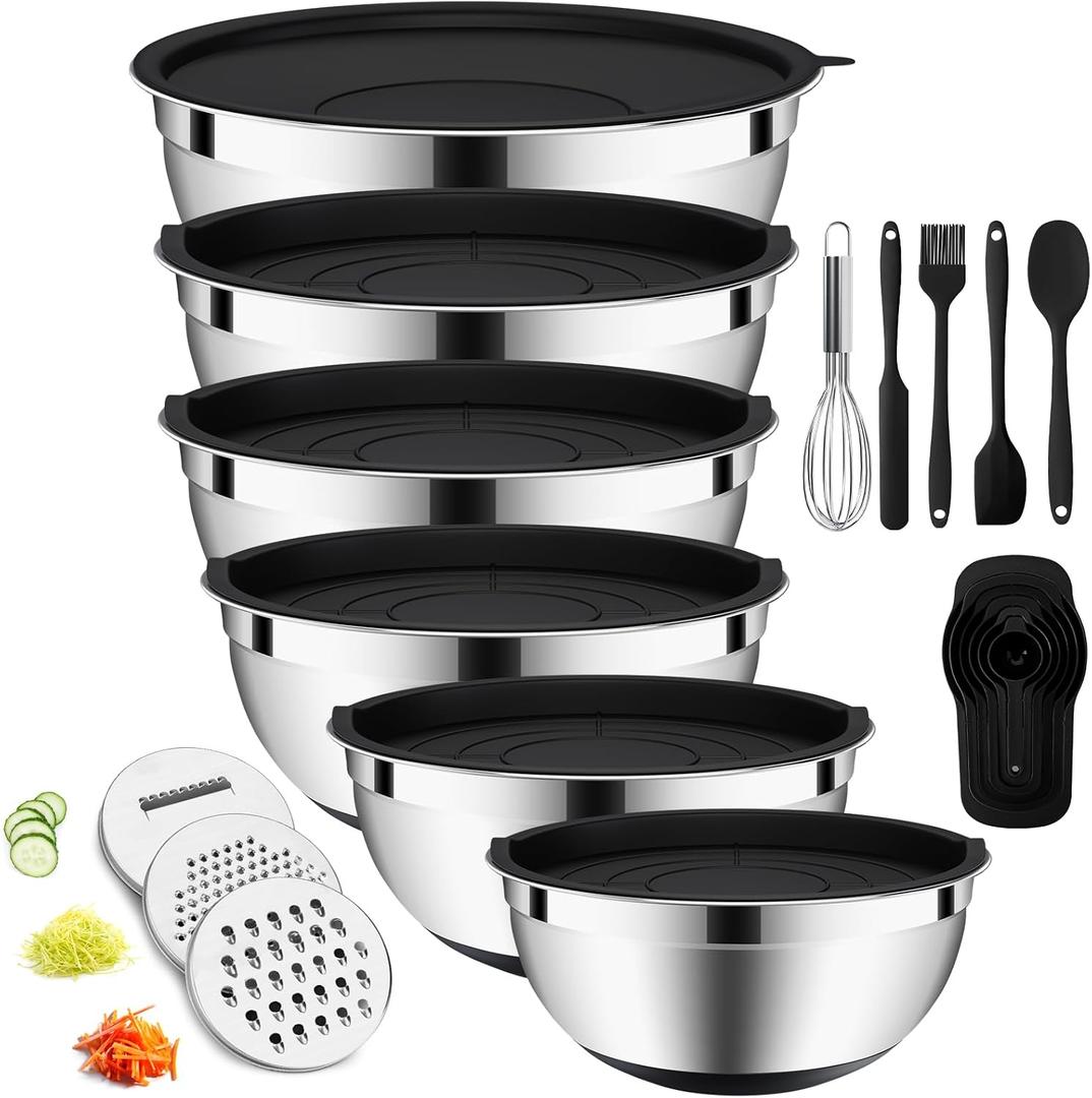 20-Piece Mixing Bowls Set with Airtight Lids 6 Stainless Steel Kitchen Bowls (4.5QT, 4QT, 3.5QT, 2.1QT, 1.5QT, 1.1QT), 3 Grater Attachments, Non-Slip Silicone Bottoms, Perfect for Baking & Serving