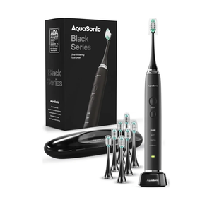 Aquasonic Black Series Ultra Whitening Toothbrush – ADA Accepted Electric Toothbrush- 8 Brush Heads & Travel Case – 40,000 VPM Electric Motor & Wireless Charging - 4 Modes w Smart Timer