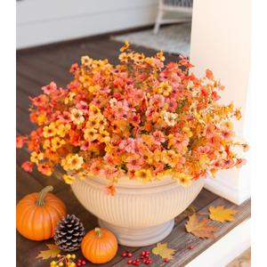 HyeFlora Artificial Fall Flowers Faux Mums for Outdoor Indoor Garden Home Decoration, Faux Flower Daisy with Eucalyptus Leaves Fake Mums Plants Greenery Boxwood Porch Patio, 12 Bundles, F Orangeyellow