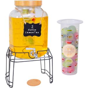 2 Gallon Glass Drink Dispenser with Stand,Stainless Steel Leakproof Spigot &Bamboo Lid& Labels& Fruit Infuse, Large Beverage Dispenser for Parties, Lemonade, Sun Tea, Picnic & Outdoor Use